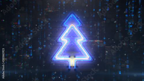 Neon christmas tree with digital glitch effect 3D rendering illustration