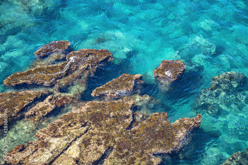 Sea shore and seascape. Pure Blue Water of Tyrrhenian Sea in Italy, Sicily. Environment picture. Natural backgraund.