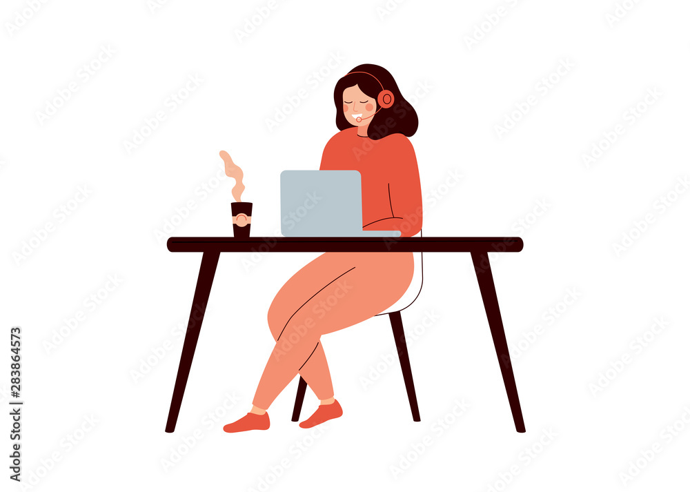 Fototapeta premium Happy woman sitting at desk and working on laptop computer. Young female helpline operator with headset consulting a client. Technical support concept. Flat cartoon colorful vector illustration.
