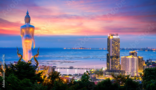 Panorama of top view of Sriracha city and Buddha statue photo