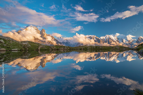 Sunset panorama of the Lac Blanc lake with Mont Blanc  Monte Bianco  on background  Chamonix location. Beautiful outdoor scene in Vallon de Berard Nature Reserve  France