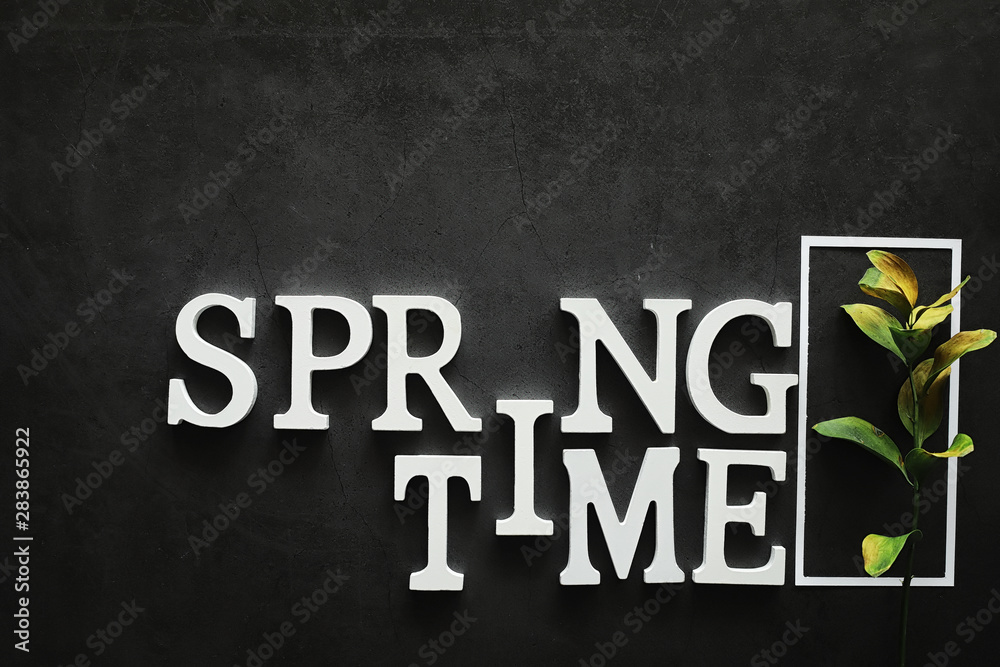 Fototapeta premium Poster concept. On a dark background the inscription about springtime.