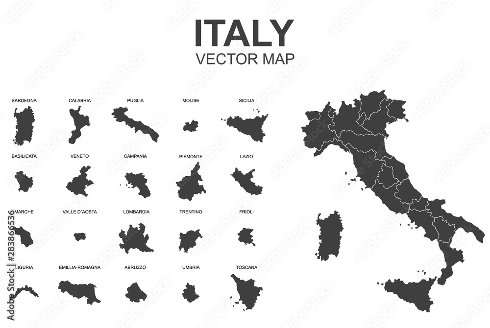 vector map of italy with borders of regions - obrazy, fototapety, plakaty 