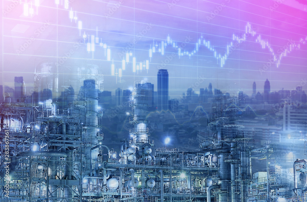 Industry business background. Oil refinery with city and graphice stock chart multiple exposure. Industry business background. Oil refinery with city and graphice stock chart multiple exposure.