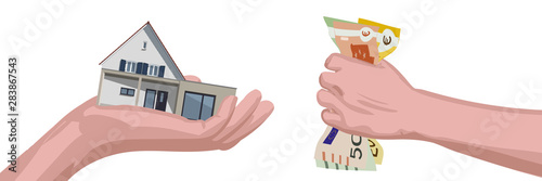 Hände mit Geld und Haus Verhandlung