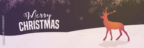 Christmas banner - snowy landscapes with a polygon reindeer and light effects
