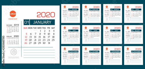 Calendar 2020 template creative design , cover design, Set of 12 Months, Week starts Sunday, Stationery design, flyer layout, printing media, brochure.
