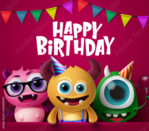 Happy birthday greeting card and monster characters vector design. Crazy cute little monsters characters wearing party hats in happy birthday text with colorful pennants in red background.