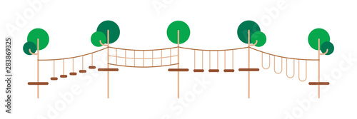 Children rope park. Extreme adventure. Vector design in line, flat style. Holiday leisure.