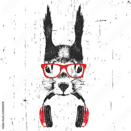 Portrait of Squirrel with glasses and headphones. Hand-drawn illustration. T-shirt design. Vector