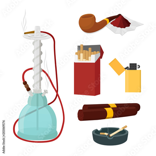 Vector smoking set - glass Turkish hookah with other stuff