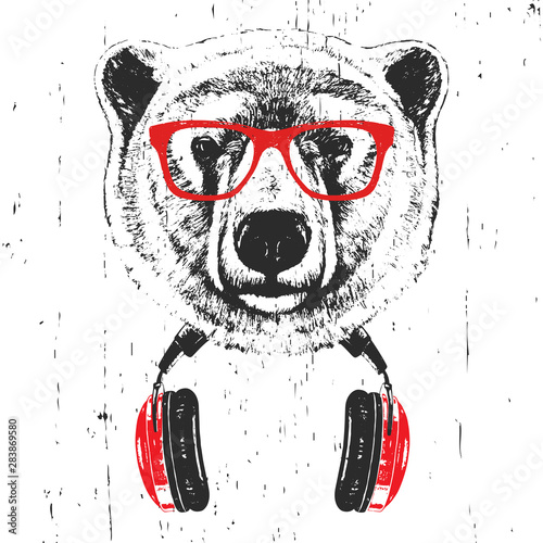 Portrait of Polar Bear with glasses and headphones. Hand-drawn illustration. T-shirt design. Vector
