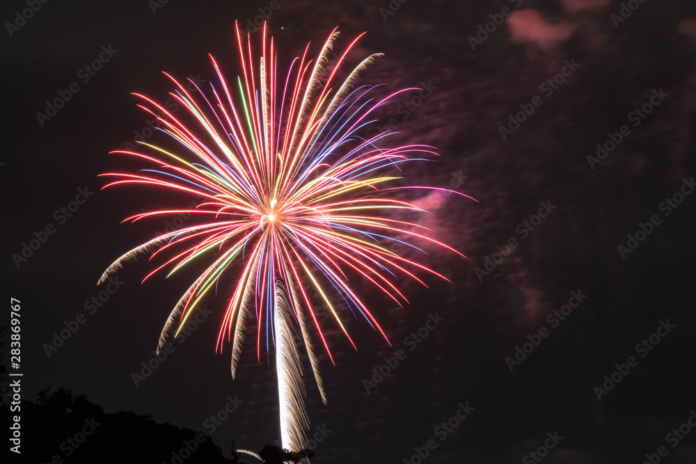 Beautiful fireworks display in the air with smokes. Summer time in Japan. This festival is called hanabi taikai of fireworks festival. Beautiful fireworks display in the air with smokes. Summer time in Japan. This festival is called hanabi taikai of fireworks festival.