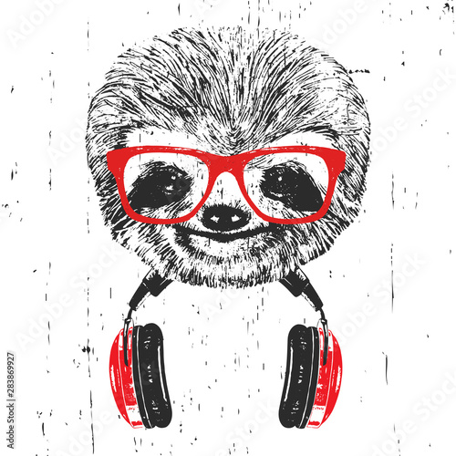 Portrait of Sloth with glasses and headphones. Hand-drawn illustration. Vector