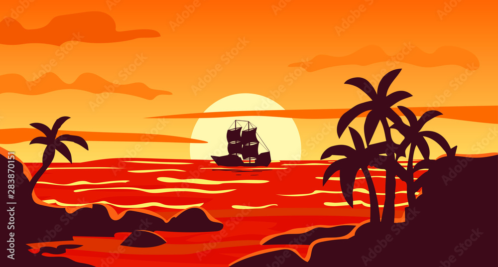 Tropical beautiful sunset, landscape, palm trees, sea, ship, stones, vector, cartoon style.