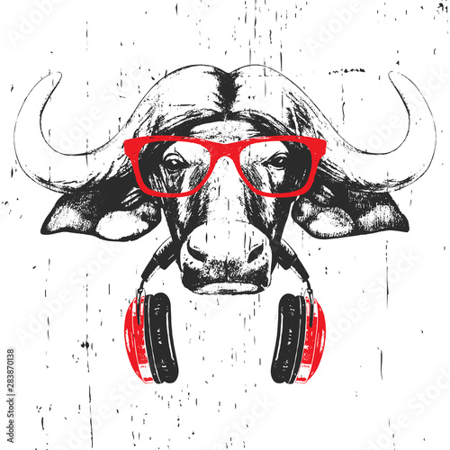 Portrait of Buffalo with glasses and headphones. Hand-drawn illustration. Vector