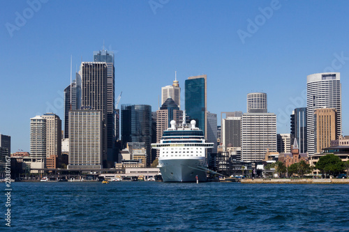 Cruise ship moored in Sydney Harbour with the Central Business District behind, New South Wales, Australia