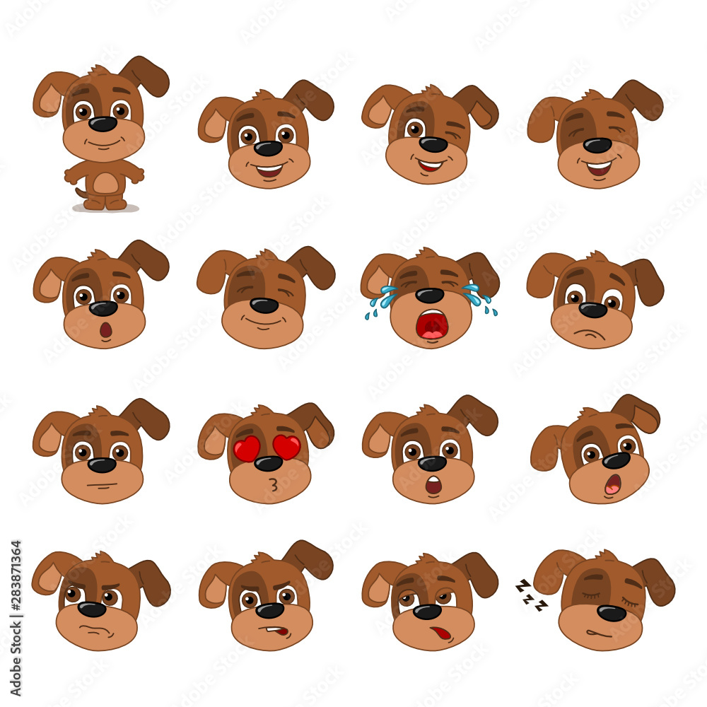 Big set of heads with expressions of emotions of funny puppy dog in cartoon  style isolated on white background Stock Vector | Adobe Stock