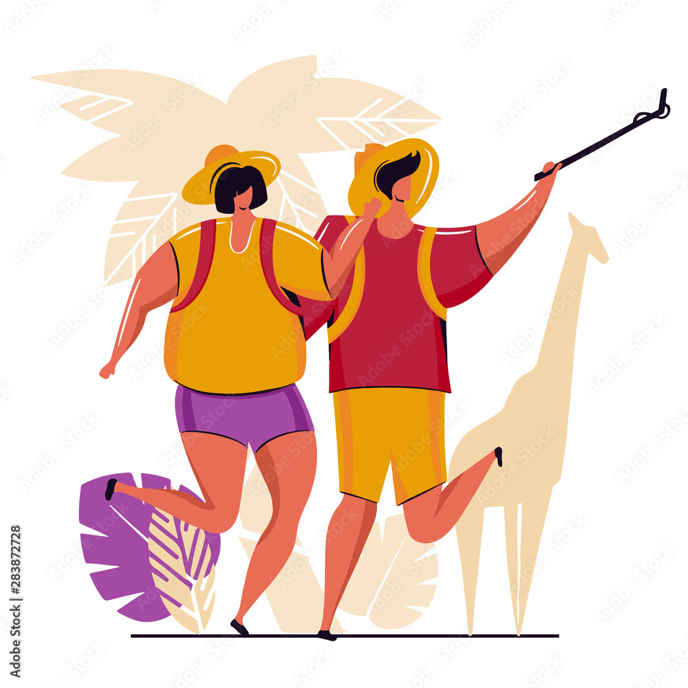 Couple of young people, man and woman with backpacks on holiday trip.Taking a photo with a phone camera.Travel and vacation concept nature background.Vector illustration with flat cartoon characters.