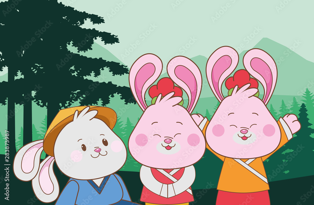 Fototapeta premium Rabbits celebrating mid autumn festival cartoons