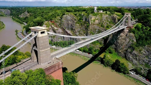 Aerial view of the Avon river gorge and the Clifton Suspension bridge. This historic bridge in the UK connects  Bristol to Leigh Woods in North Somerset. photo