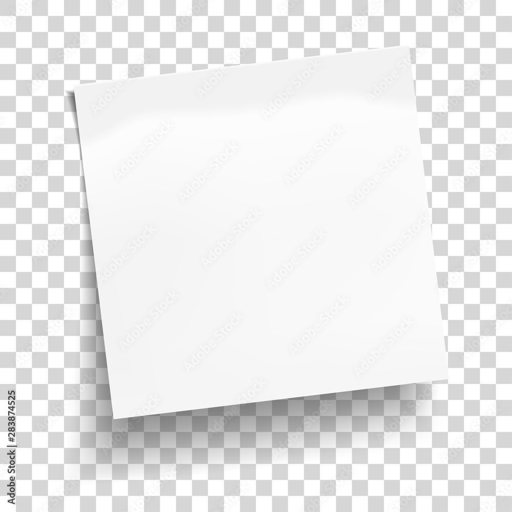 White sheet of note paper isolated on transparent background. Sticky note.  Mockup of white note paper. Vector illustration. Stock Vector