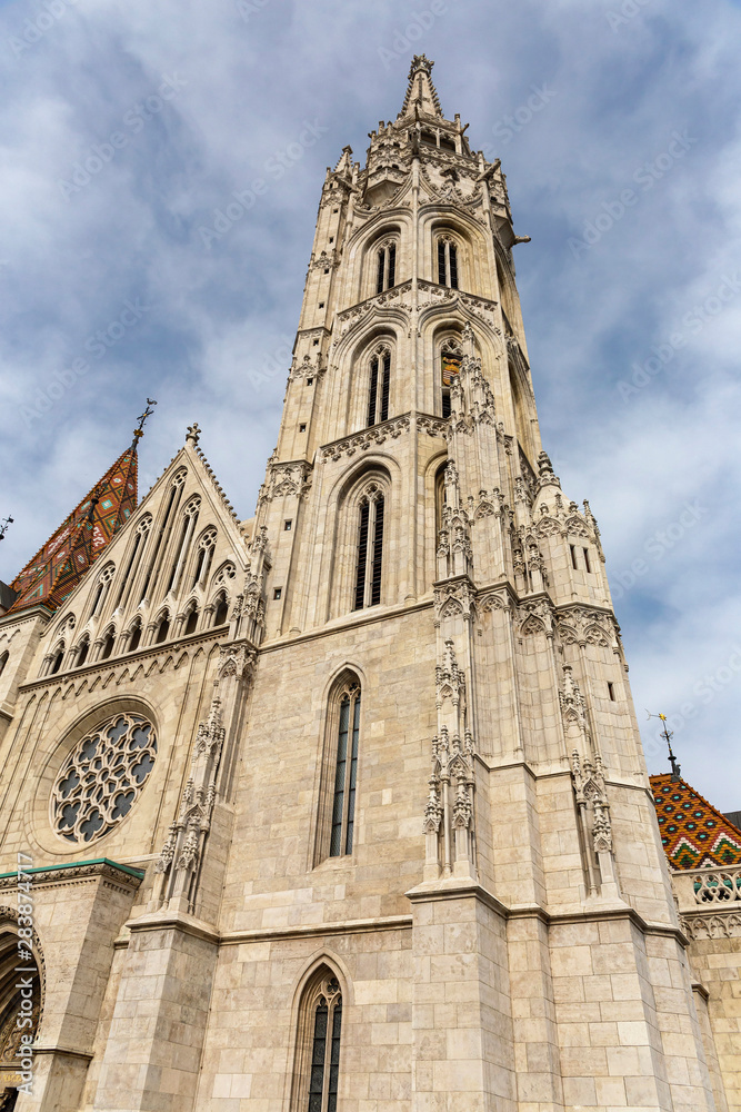 facade of the church of St. Elizabeth in Budapest against the blue sky