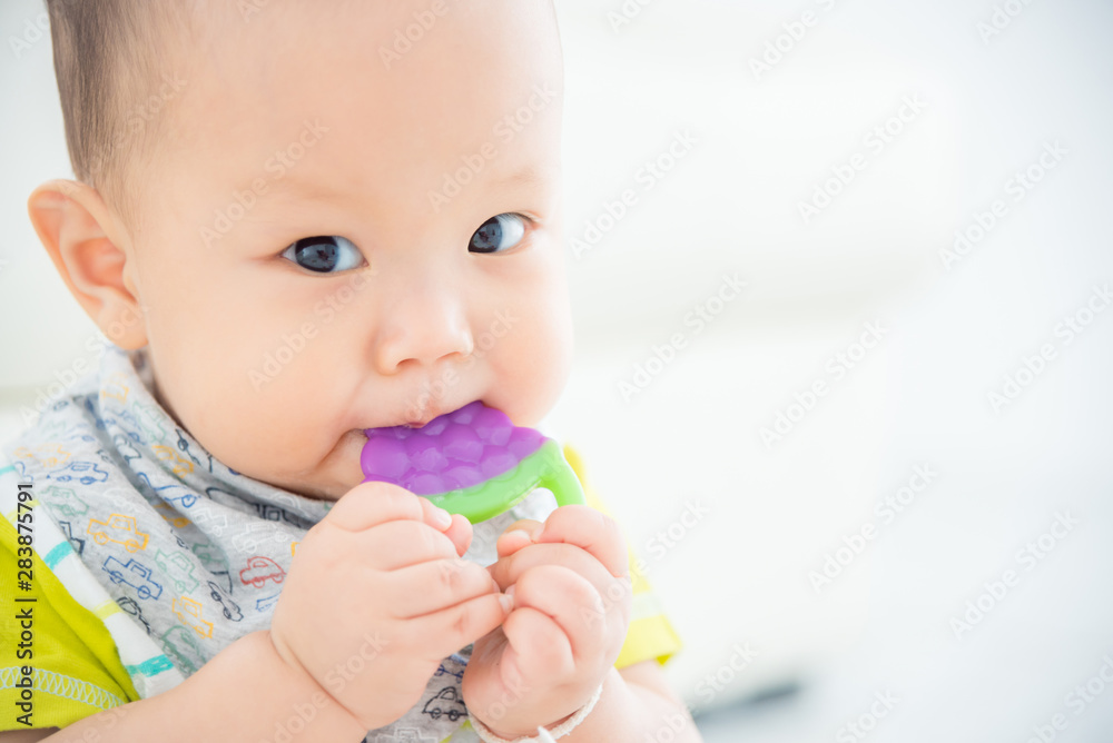 Little asian baby biting plastic teether and looking at camera Little asian baby biting plastic teether and looking at camera