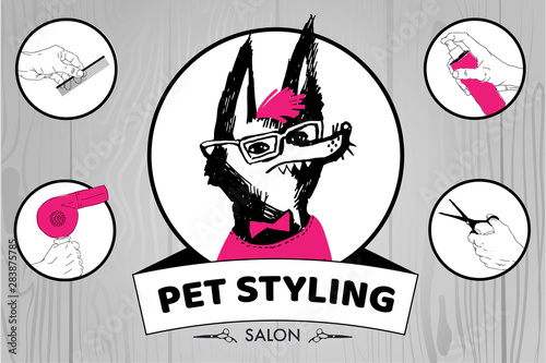 Pet styling salon illustration. Vector elements for dog grooming salon signboard, web banners, flyer, poster design.