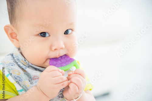 Little asian baby biting plastic teether and looking at camera