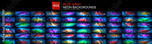 Mega set of blue color neon light abstract backgrounds. Lines, waves, shiny elements on dark black backdrop