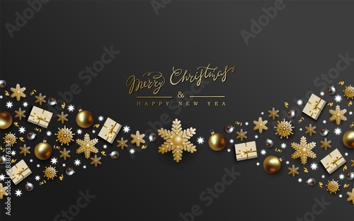 Black Christmas Design, Realistic Gold and Silver ball, Foil Snowflake, gift box