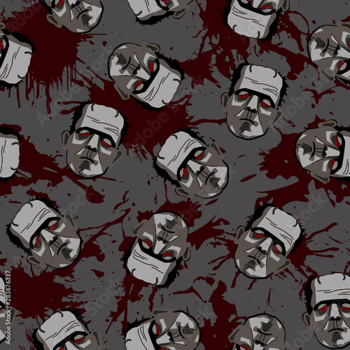 Decorative horror seamless pattern with monster and blood splatter on gray backdrop.