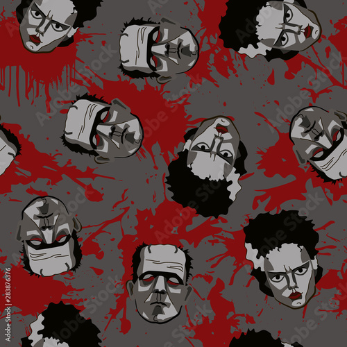 Decorative horror seamless pattern with monster, his bride and drops of the blood on gray backdrop.