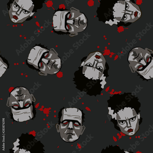 Decorative horror seamless pattern with monster, his bride and drops of the blood on gray backdrop.