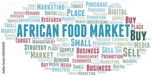 African Food Market word cloud. Vector made with text only.