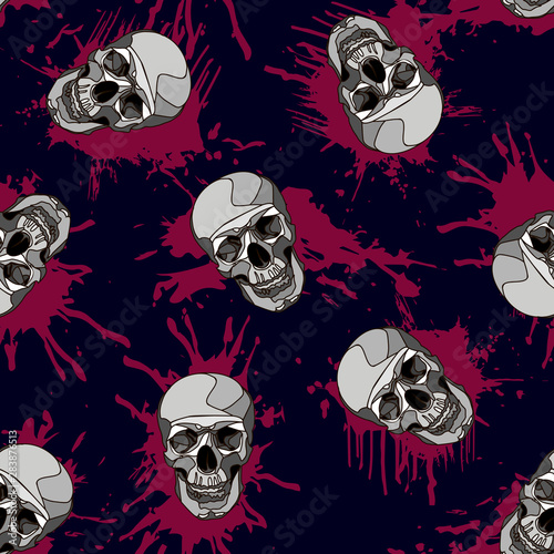 Decorative horror seamless pattern with skulls and blood splatter on dark blue backdrop. Scary skeleton ornament.