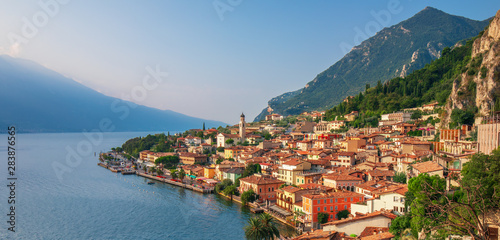Scenic view on Lake Garda  in Limone sul Garda town  famous tourist destination in Italy
