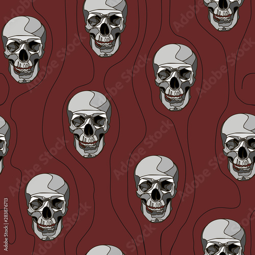 Horror seamless pattern with skulls and  wavy red lines on green backdrop.  Skulls seamless pattern.