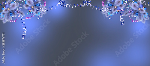 Fototapeta Naklejka Na Ścianę i Meble -  Christmas panoramic background with an empty space under the text. New year. White Christmas tree with blue glass balls, serpentine and sequins. 3d illustration