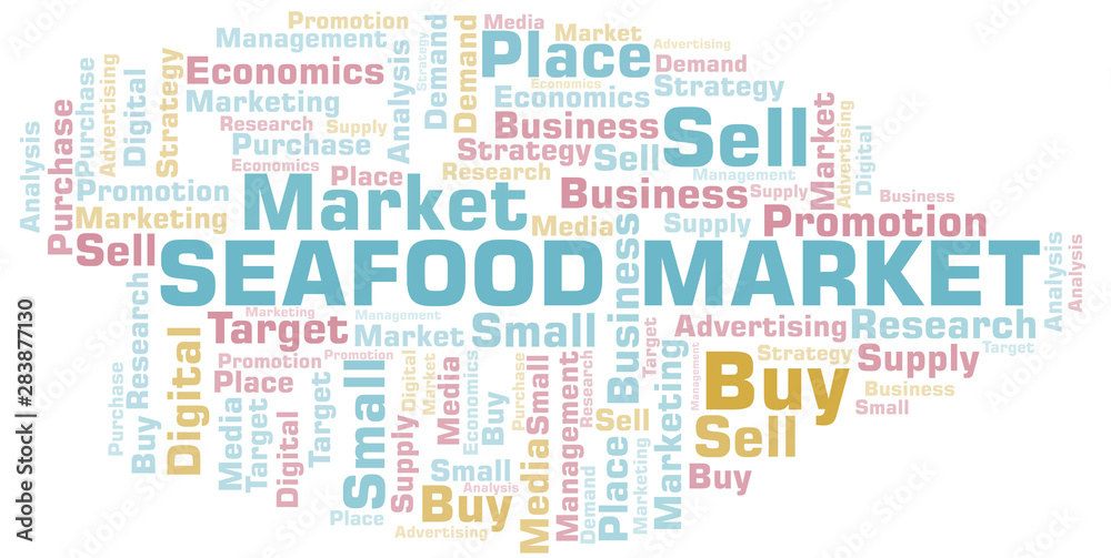 Seafood Market word cloud. Vector made with text only.