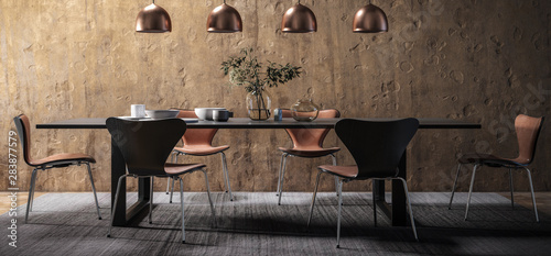 Dining Room Set in Contemporary Copper Design (panoramic) - 3d visualization photo