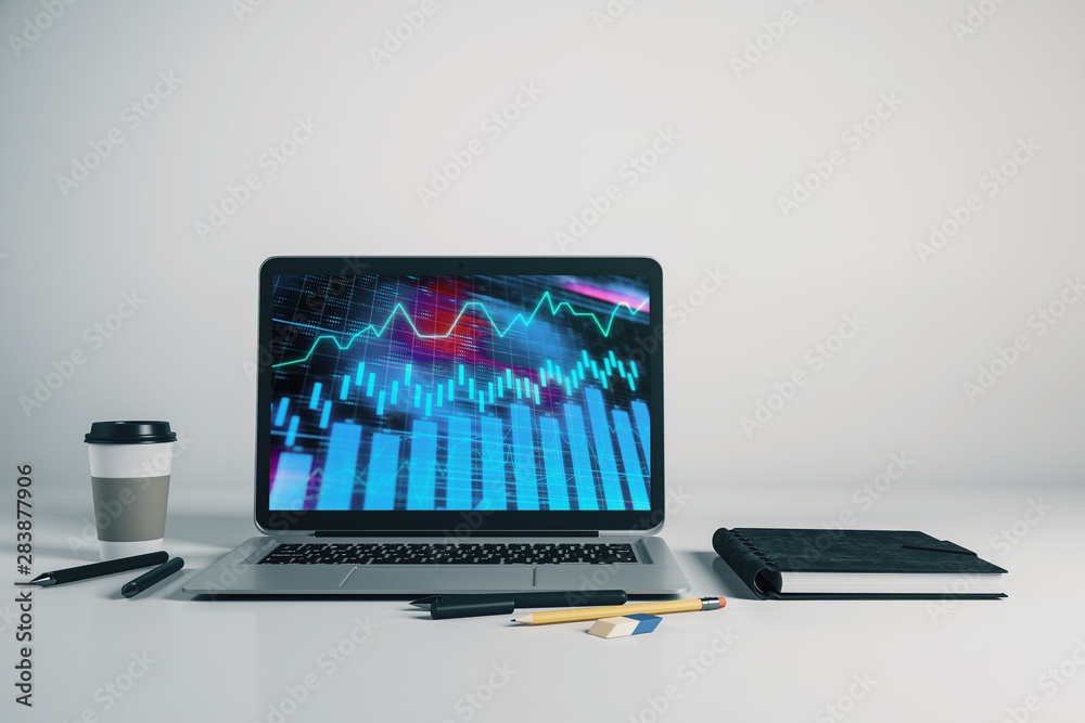 Fototapeta premium Laptop closeup with forex graph on computer screen. Financial trading and education concept. 3d rendering.