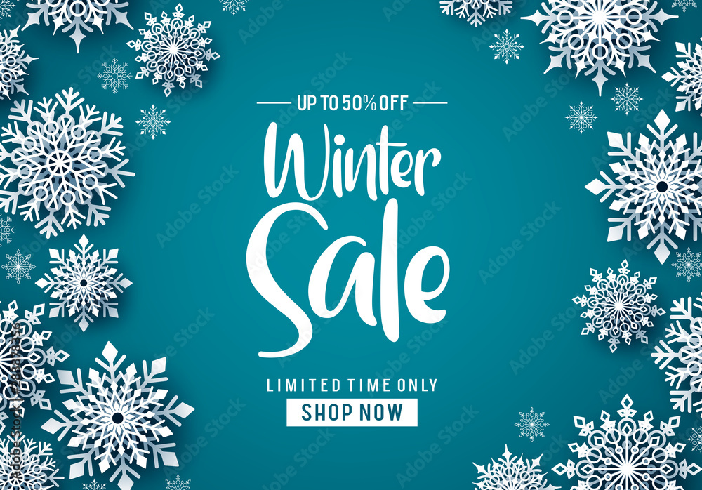 Winter sale vector banner design. Winter sale text promo with white snowflakes element in blue background. Vector Illustration. - obrazy, fototapety, plakaty 