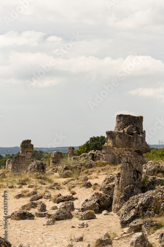 Planted stones, also known as The Stone Desert. Landforms of Varna Province. Rock formations of Bulgaria. Stone forest. 