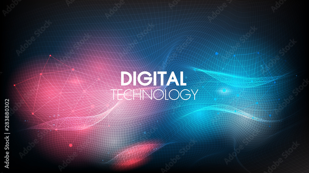 Abstract technology background geometric waves and communication with connecting dots and lines.Sense of science and cyber technology network futuristic graphic design.