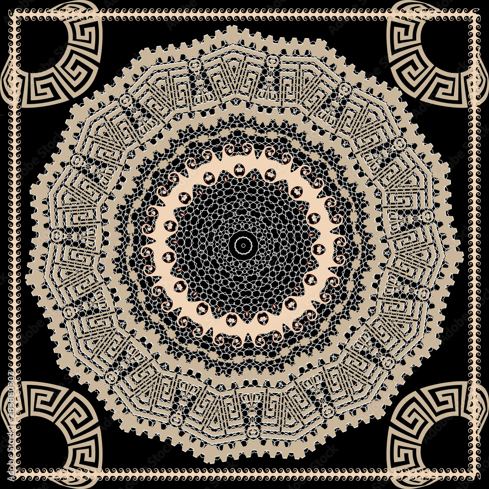 Lacy greek key meanders vector mandala pattern. Square wavy greek frame.  Round textured lace ornament. Tribal ethnic style decorative background.  Ornate beautiful luxury design. For tile, walls, cards Stock Vector | Adobe
