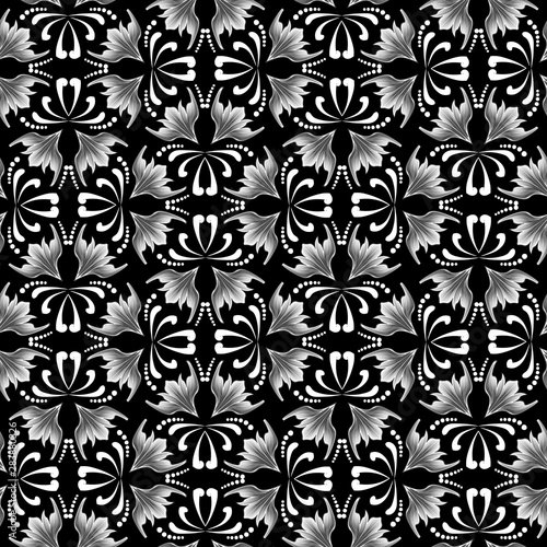 Floral black and white vintage vector seamless pattern. Beautiful ornamental ethnic style background. Repeat decorative monochrome backdrop. Hand drawn Paisley flowers, leaves, dots. Elegance ornament