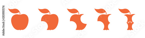 Red apple fruit bite stage set. From whole to apple core. Bitten and eaten. Animation progression. Flat silhouette vector illustration. photo