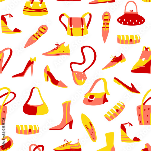 Women s Handbags and Shoes Vector Pattern on White Background.
